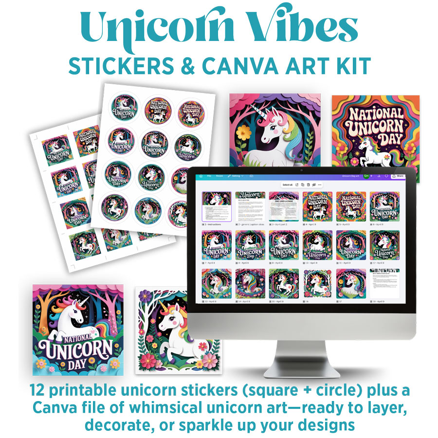 Unicorn Vibes: Stickers + Canva Graphics Kit