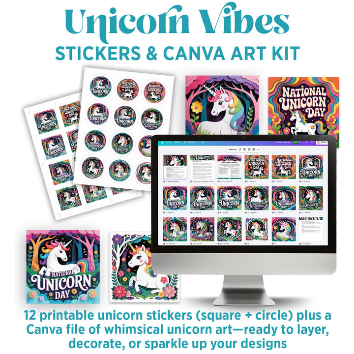 Unicorn Vibes: Stickers + Canva Graphics Kit