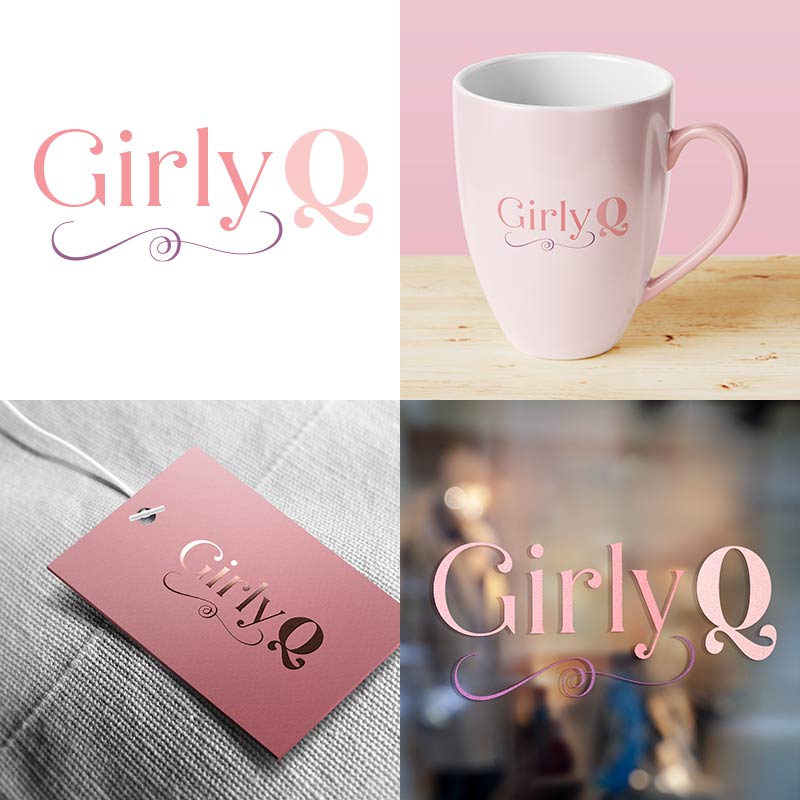 Professional trendy logo template GirlyQ shown in several mockups - mug, clothing tag, store window vinyl