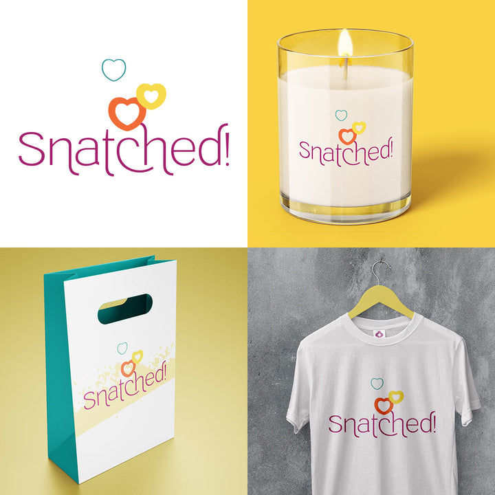 Professional trendy logo template Snatched shown in several mockups - candle, tee shirt, shopping bag